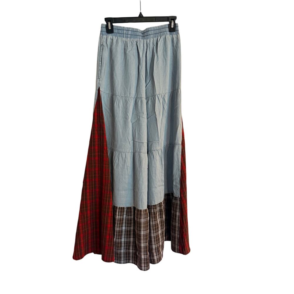 ODDI Plaid & Chambray Tiered Wide Leg Elastic Waist Pant NWT Size Small - Picture 7 of 8